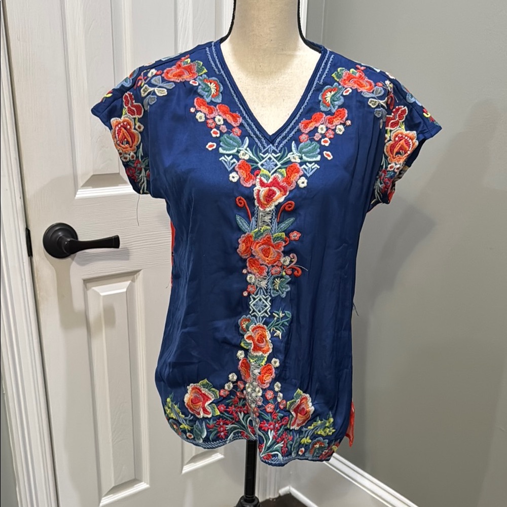 John Mark Navy Floral Embroidered Blouse
